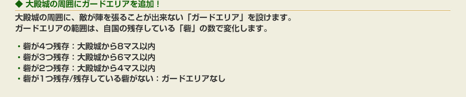 大殿城の周囲にガードエリアを追加！：大殿城の周囲に、敵が陣を張ることが出来ない「ガードエリア」を設けます。ガードエリアの範囲は、自国の残存している「砦」の数で変化します。・砦が4つ残存：大殿城から8マス以内　・砦が3つ残存：大殿城から6マス以内　・砦が2つ残存：大殿城から4マス以内　・砦が1つ残存/残存している砦がない：ガードエリアなし