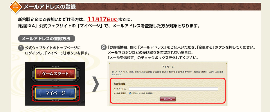 一.メールアドレスの登録　新合戦β２にご参加いただける方は、11月17日（木）までに、『戦国IXA』公式ウェブサイトの「マイページ」で、メールアドレスを登録した方が対象となります。