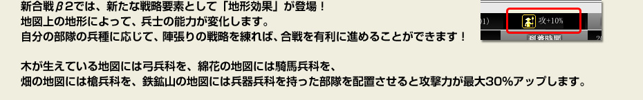 新合戦β2では、新たな戦略要素として「地形効果」が登場！地図上の地形によって、兵士の能力が変化します。自分の部隊の兵種に応じて、陣張りの戦略を練れば、合戦を有利に進めることができます！木が生えている地図には弓兵科を、綿花の地図には騎馬兵科を、畑の地図には槍兵科を、鉄鉱山の地図には兵器兵科を持った部隊を配置させると攻撃力が最大30%アップします。