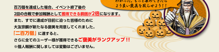 百万個を達成した場合、イベント終了後の2回の合戦で参加報酬として獲得できる銅銭が2倍になります。また、すでに達成が目前に迫った皆様のために大友宗麟が新たなる褒美を用意してくれました。「二百万個」に達すると、さらに全てのユーザー様が獲得できるご褒美がランクアップ！！　※個人報酬に関しましては変動はございません。