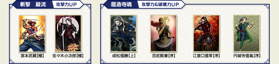 斬撃　巌流：攻撃力ＵＰ　龍造寺魂：攻撃力＆破壊力ＵＰ