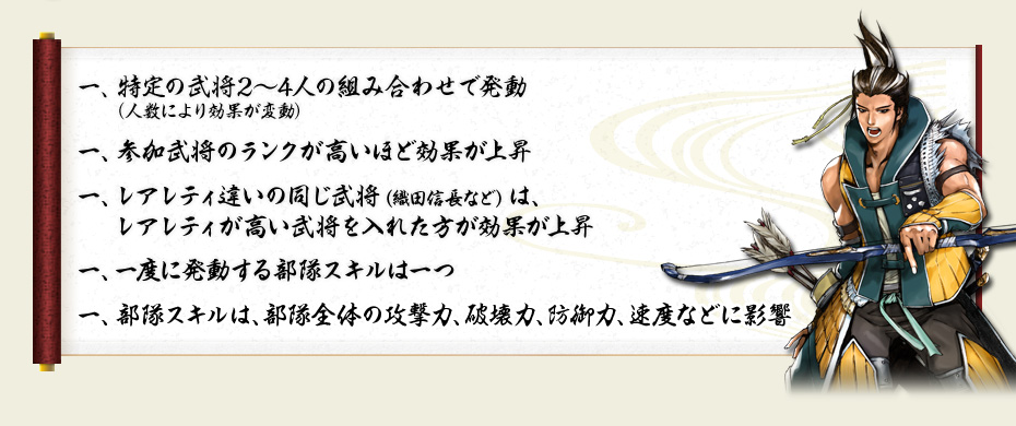 一、特定の武将2～4人の組み合わせで発動（人数により効果が変動）　一、参加武将のランクが高いほど効果が上昇　一、レアレティ違いの同じ武将（織田信長など）は、レアレティが高い武将を入れた方が効果が上昇　一、一度に発動する部隊スキルは一つ　一、部隊スキルは、部隊全体の攻撃力、破壊力、防御力、速度などに影響