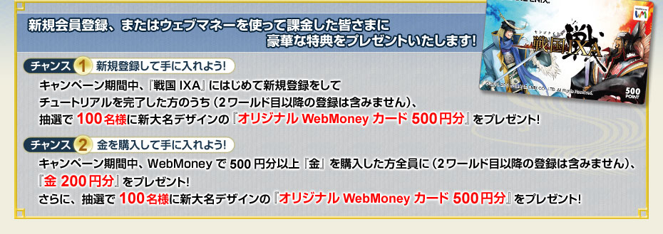 新規会員登録、またはウェブマネーを使って課金した皆さまに豪華な特典をプレゼントいたします！　チャンス１新規登録して手に入れよう！　キャンペーン期間中、『戦国IXA』にはじめて新規登録をしてチュートリアルを完了した方のうち（2ワールド目以降の登録は含みません）、抽選で100名様に新大名デザインの『オリジナルWebMoneyカード500円分』をプレゼント！　チャンス２金を購入して手に入れよう！　キャンペーン期間中、WebMoneyで500円分以上『金』を購入した方全員に（2ワールド目以降の登録は含みません）、『金200円分』をプレゼント！さらに、抽選で100名様に新大名デザインの『オリジナルWebMoneyカード500円分』をプレゼント！