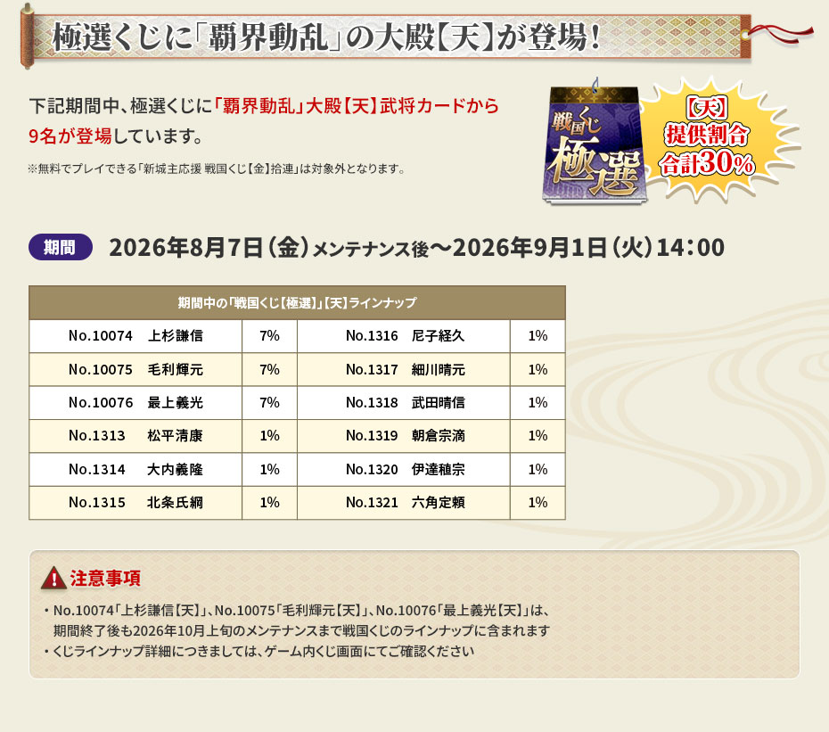 極選くじに「覇界動乱」の大殿【天】が登場！