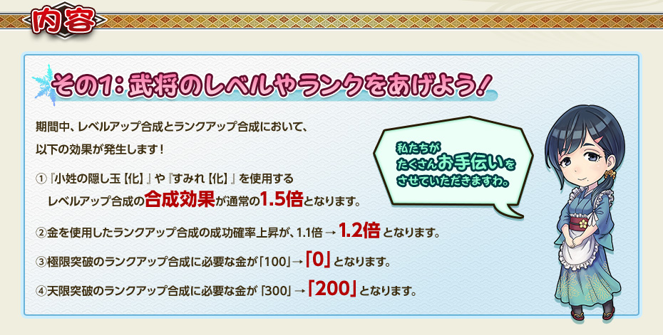 その1：武将のレベルやランクをあげよう！