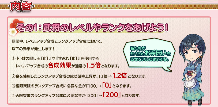 その1：武将のレベルやランクをあげよう！