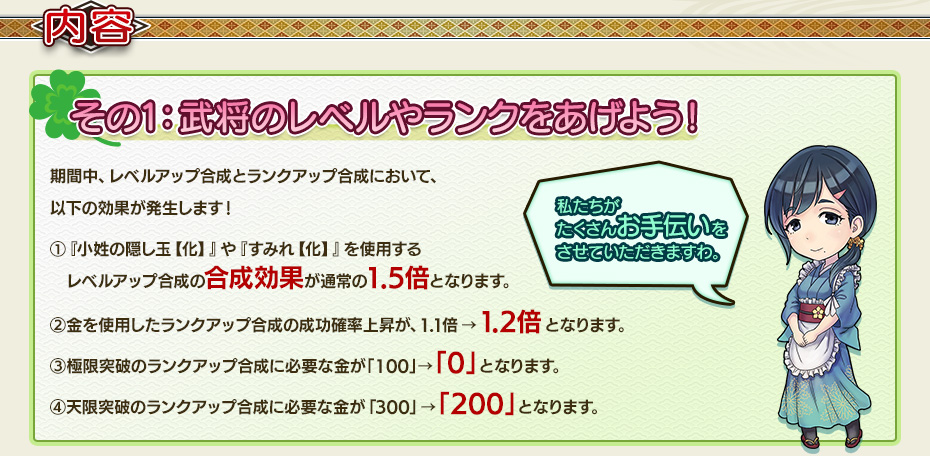 その1：武将のレベルやランクをあげよう！
