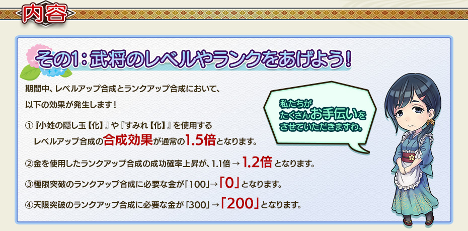 その1：武将のレベルやランクをあげよう！