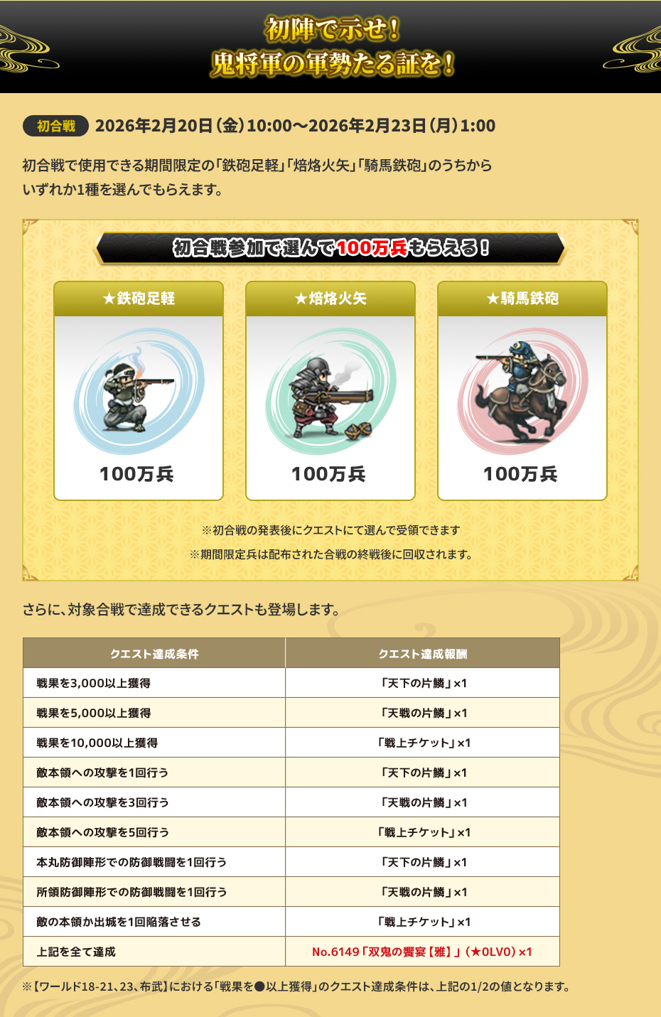 初陣で示せ！鬼将軍の軍勢たる証を！