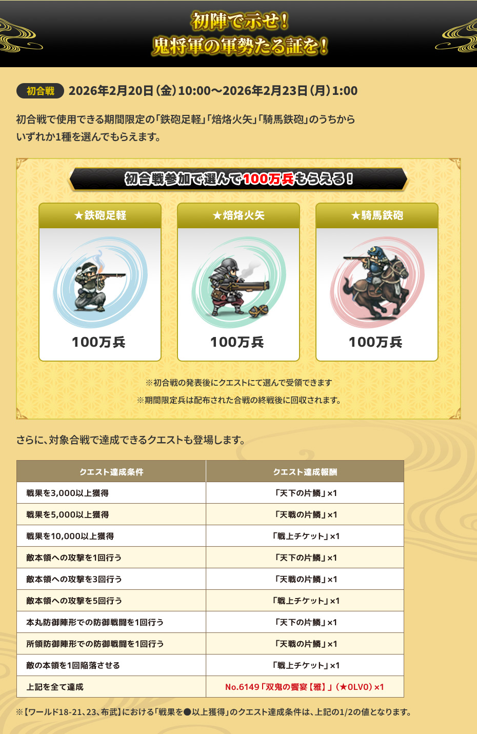 初陣で示せ！鬼将軍の軍勢たる証を！