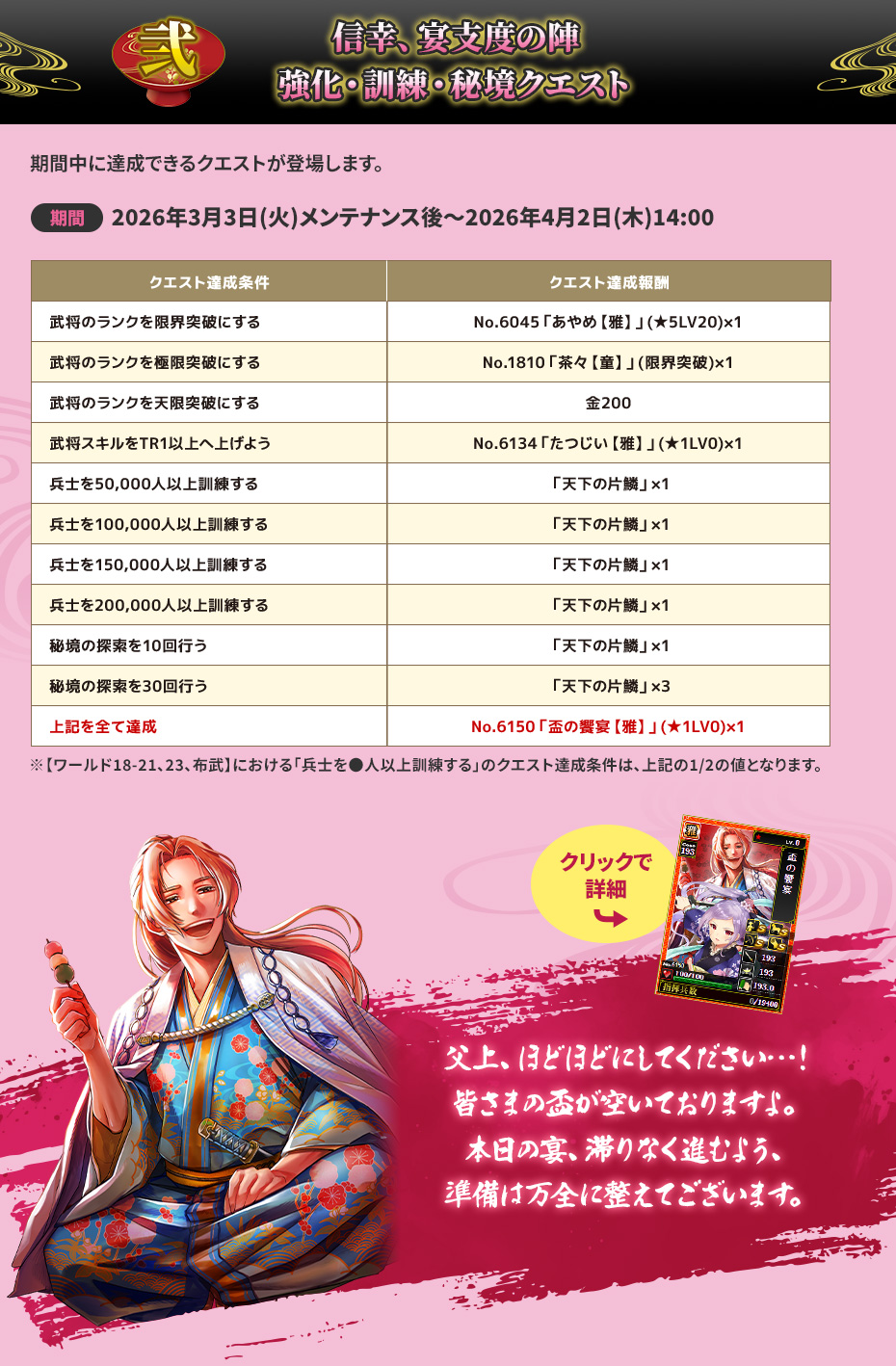 弐 信幸、宴支度の陣 強化・訓練・秘境クエスト
