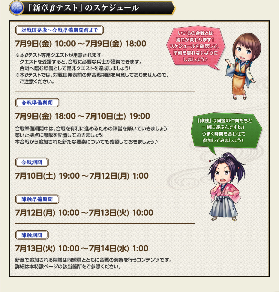 「新章βテスト」のスケジュール